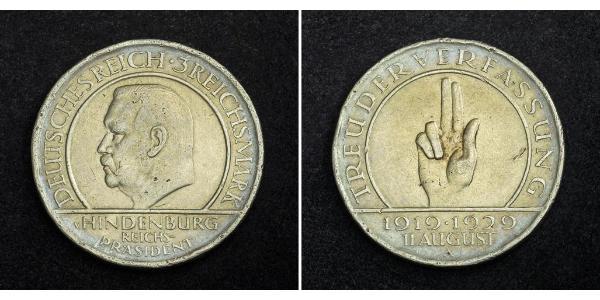 3 Reichsmark Веймарская республика (1918-1933) Серебро Гинденбург, Пауль фон