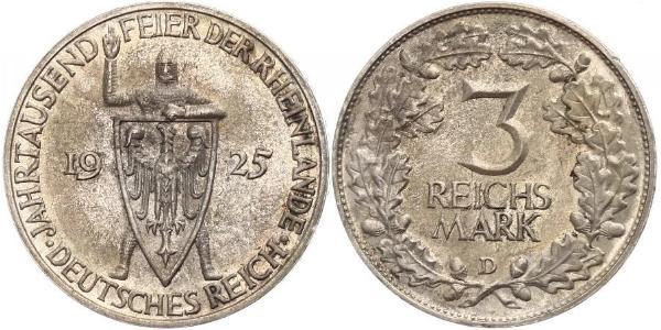 3 Reichsmark Веймарская республика (1918-1933) Серебро 