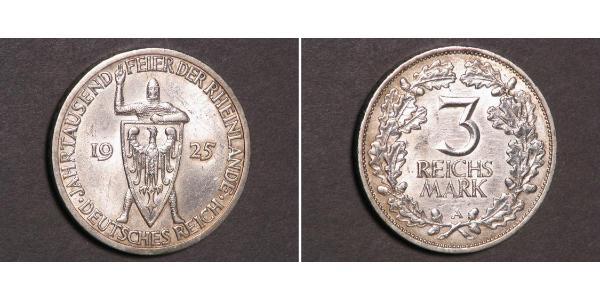 3 Reichsmark Веймарская республика (1918-1933) Серебро 