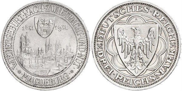 3 Reichsmark Веймарская республика (1918-1933) Серебро 