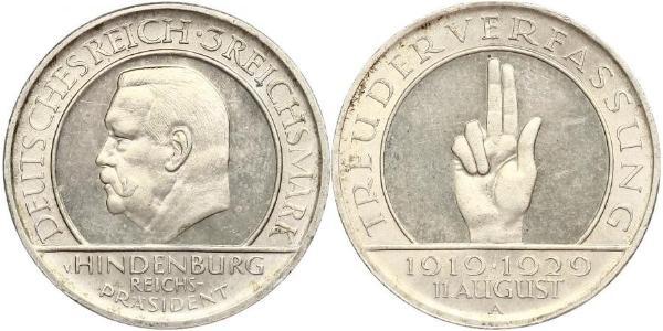 3 Reichsmark Веймарская республика (1918-1933) Серебро Гинденбург, Пауль фон