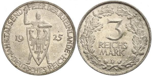 3 Reichsmark Веймарская республика (1918-1933) Серебро 