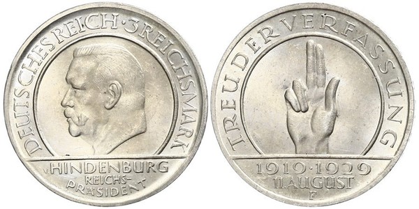 3 Reichsmark Веймарская республика (1918-1933) Серебро Гинденбург, Пауль фон