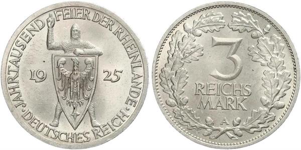 3 Reichsmark Веймарская республика (1918-1933) Серебро 