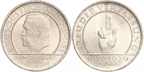 3 Reichsmark Веймарская республика (1918-1933) Серебро Гинденбург, Пауль фон