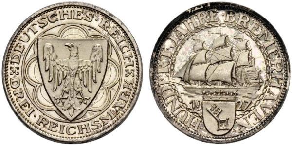 3 Reichsmark Веймарская республика (1918-1933) Серебро 