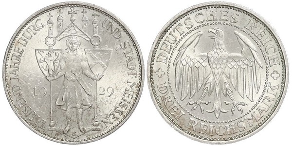3 Reichsmark Веймарская республика (1918-1933) Серебро 