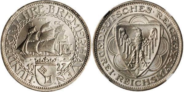 3 Reichsmark Веймарская республика (1918-1933) Серебро 