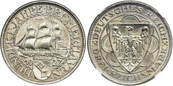 3 Reichsmark Веймарская республика (1918-1933) Серебро 