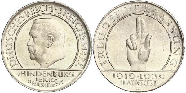 3 Reichsmark Веймарская республика (1918-1933) Серебро Гинденбург, Пауль фон