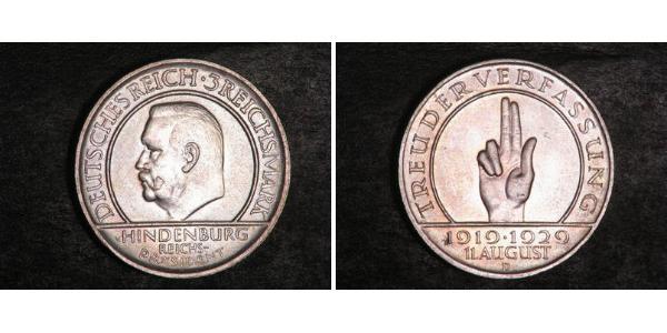 3 Reichsmark Веймарская республика (1918-1933) Серебро Гинденбург, Пауль фон