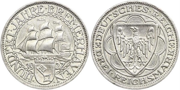 3 Reichsmark Веймарская республика (1918-1933) Серебро 