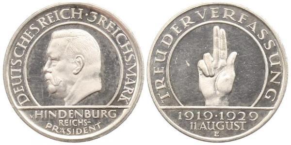 3 Reichsmark Веймарская республика (1918-1933) Серебро Гинденбург, Пауль фон