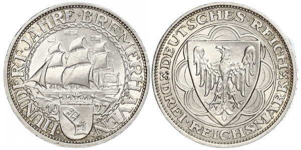 3 Reichsmark Веймарская республика (1918-1933) Серебро 