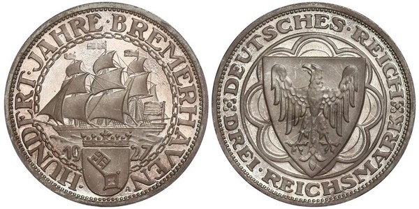 3 Reichsmark Веймарская республика (1918-1933) Серебро 