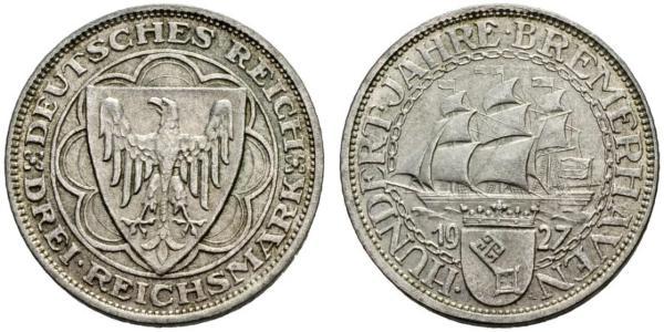 3 Reichsmark Веймарская республика (1918-1933) Серебро 