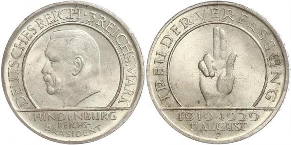 3 Reichsmark Веймарская республика (1918-1933) Серебро Гинденбург, Пауль фон