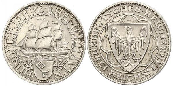3 Reichsmark Веймарская республика (1918-1933) Серебро 