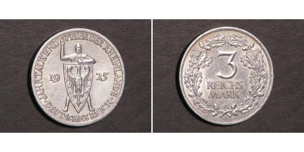 3 Reichsmark Веймарская республика (1918-1933) Серебро 