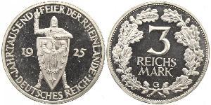 3 Reichsmark Веймарська республіка (1918-1933) Срібло 