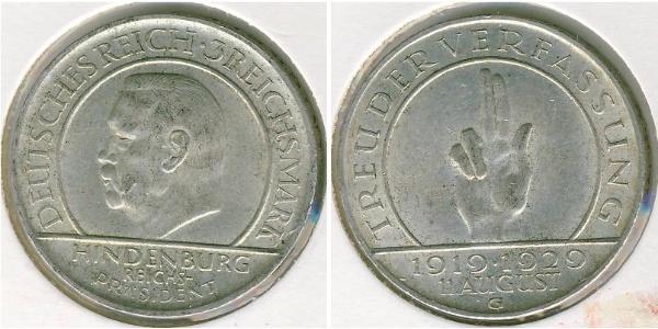 3 Reichsmark Веймарська республіка (1918-1933) Срібло Пауль фон Гінденбург