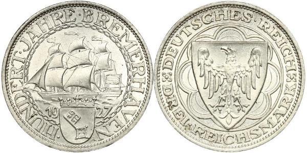 3 Reichsmark Веймарська республіка (1918-1933) Срібло 