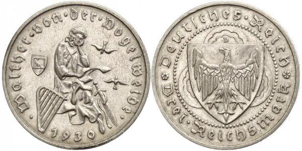 3 Reichsmark Веймарська республіка (1918-1933) Срібло 