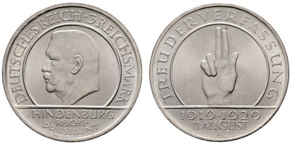 3 Reichsmark Веймарська республіка (1918-1933) Срібло Пауль фон Гінденбург