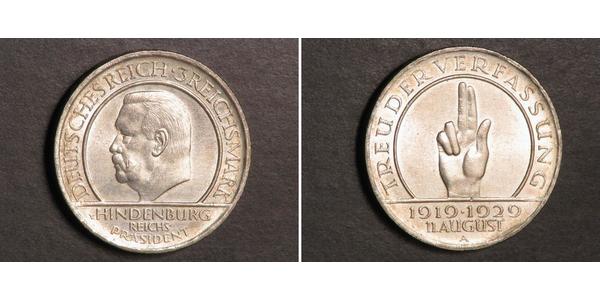 3 Reichsmark Веймарська республіка (1918-1933) Срібло Пауль фон Гінденбург