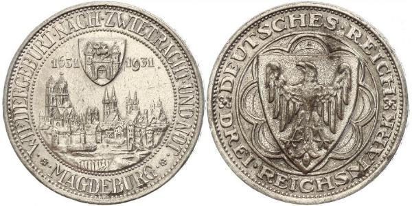 3 Reichsmark Веймарська республіка (1918-1933) Срібло 