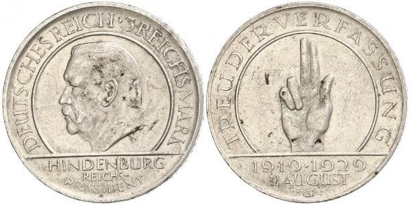 3 Reichsmark Веймарська республіка (1918-1933) Срібло Пауль фон Гінденбург