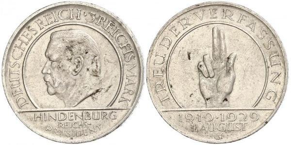 3 Reichsmark Веймарська республіка (1918-1933) Срібло Пауль фон Гінденбург