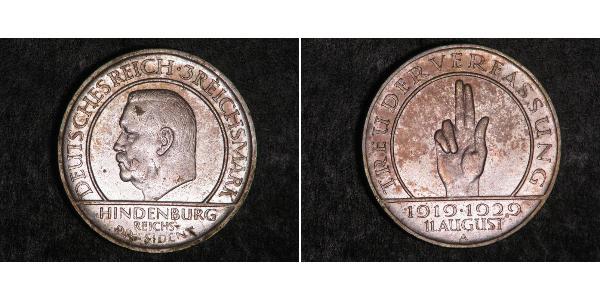 3 Reichsmark Веймарська республіка (1918-1933) Срібло Пауль фон Гінденбург