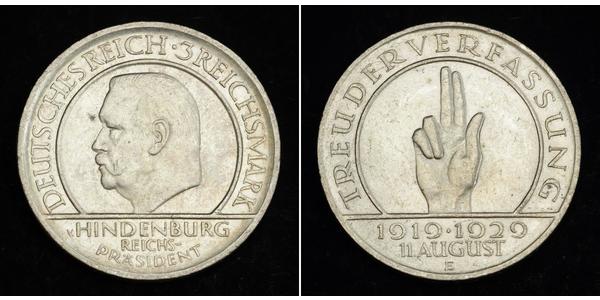 3 Reichsmark Веймарська республіка (1918-1933) Срібло Пауль фон Гінденбург