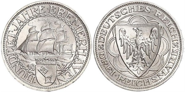 3 Reichsmark Веймарська республіка (1918-1933) Срібло 