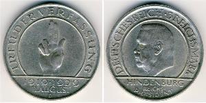 3 Reichsmark 魏瑪共和國 (1919 - 1933) 銀 保罗·冯·兴登堡 (1847 - 1934)