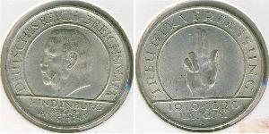 3 Reichsmark 魏瑪共和國 (1919 - 1933) 銀 保罗·冯·兴登堡 (1847 - 1934)