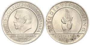 3 Reichsmark 魏瑪共和國 (1919 - 1933) 銀 保罗·冯·兴登堡 (1847 - 1934)