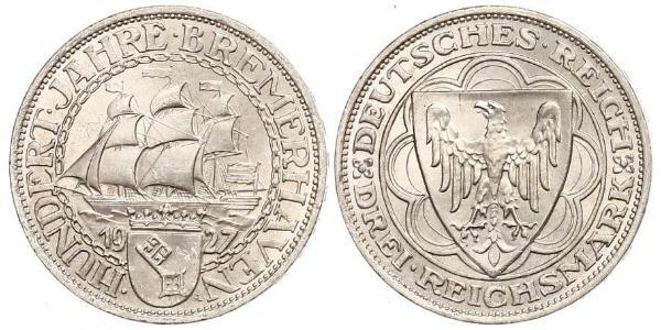 3 Reichsmark 魏瑪共和國 (1919 - 1933) 銀 