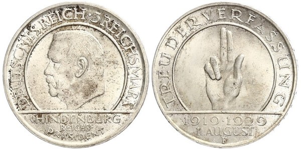 3 Reichsmark 魏瑪共和國 (1919 - 1933) 銀 保罗·冯·兴登堡 (1847 - 1934)