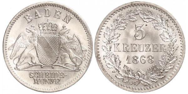 3 Крейцер Великое герцогство Баден (1806-1918) Серебро Фридрих I (великий герцог Баденский) (1826 - 1907)