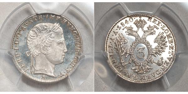3 Крейцер Австрійська імперія (1804-1867) Срібло Ferdinand I of Austria (1793 - 1875)