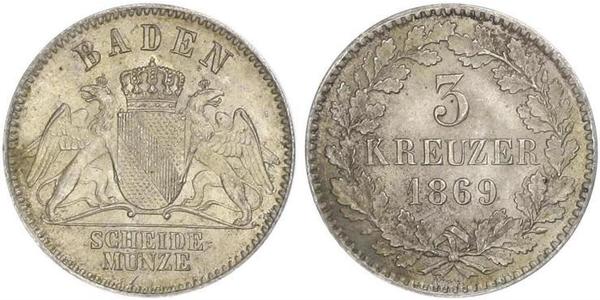 3 Крейцер Велике герцогство Баден (1806-1918) Срібло Frederick I, Grand Duke of Baden (1826 - 1907)