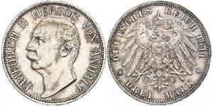 3 Марка Ангальт-Дессау (1603 -1863) Серебро Фридрих II, герцог Ангальта(1856 – 1918)