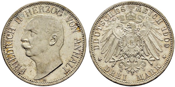 3 Марка Ангальт-Дессау (1603 -1863) Серебро Фридрих II, герцог Ангальта(1856 – 1918)