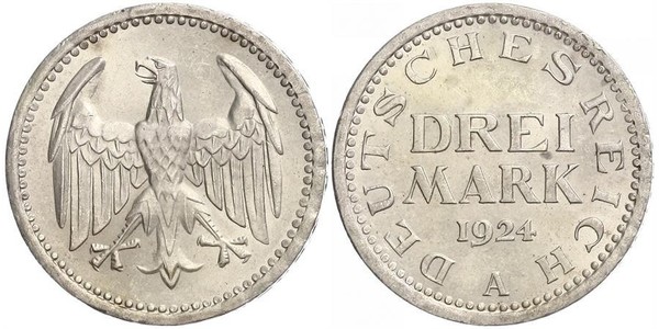 3 Марка Веймарская республика (1918-1933) Серебро 