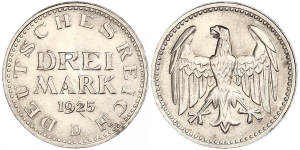 3 Марка Веймарская республика (1918-1933) Серебро 