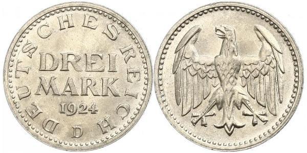 3 Марка Веймарская республика (1918-1933) Серебро 