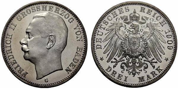 3 Марка Великое герцогство Баден (1806-1918) Серебро Frederick II, Grand Duke of Baden (1857 - 1928)
