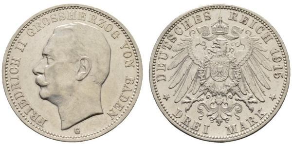 3 Марка Великое герцогство Баден (1806-1918) Серебро Frederick II, Grand Duke of Baden (1857 - 1928)